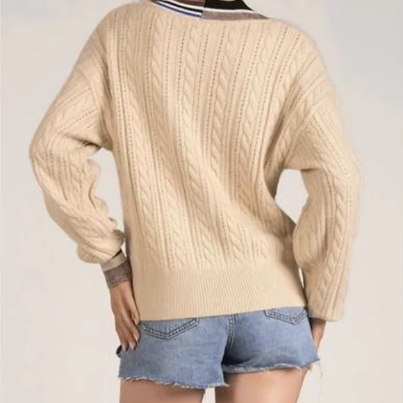 Elan Women's Beige V-Neck Cable Knit Sweater Size L - Picture 3 of 12